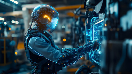 Fototapeta premium Cyborg Technician Working on Futuristic Machine, Enhanced Humanoid Repairing Digital Equipment in Dark Factory