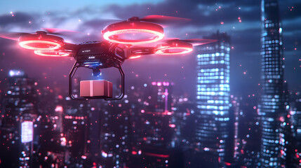 Obraz premium Delivery Drone at Night with Package over City Skyline