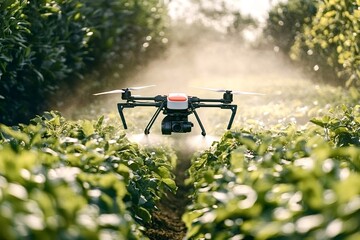 Drone spraying pesticides on potato plantation at sunset
