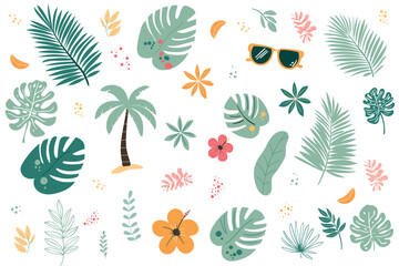 Set of tropical leaves, palm trees, and summer-themed elements in trendy flat design. Ideal for seasonal projects, wedding invitations, party decor, greeting cards, posters, fabrics, and web designs, 