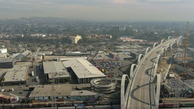 Aerial shot of Los Angeles featuring the Sixth Street Viaduct, busy industrial area, industry buildings