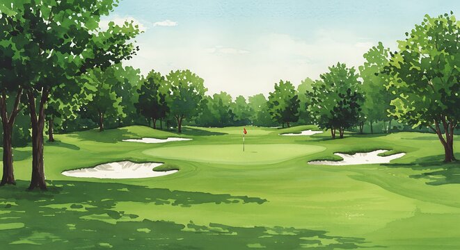 Golf course landscape, lush green fairway, sand bunkers, mature trees, rolling hills, clear blue sky, serene atmosphere, manicured grass, summer day, golf hole view, panoramic scene, 