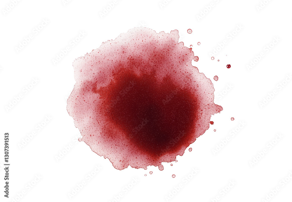 Poster isolated on a white background, the top view of red ketchup splatters reveals the texture of a tomat