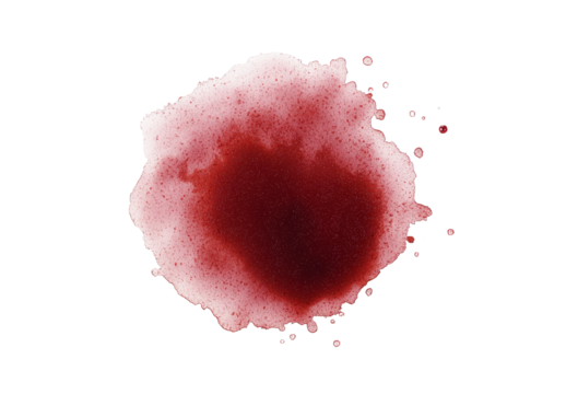 Isolated on a white background, the top view of red ketchup splatters reveals the texture of a tomato pure