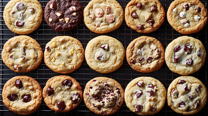 Fototapeta premium A top-down view of a selection of homemade cookies filled with milk, dark, and white chocolate chips