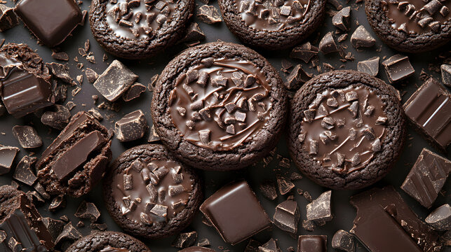 A close-up shot of freshly baked dark chocolate chunk cookies topped with melted chocolate drizzle, surrounded by broken pieces of chocolate on a dark background