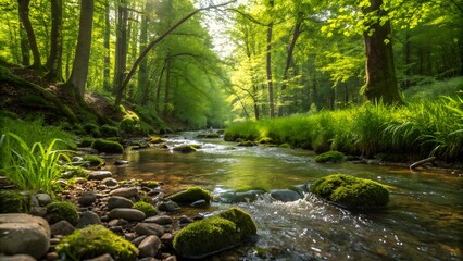 Tranquil Forest Stream Sunlit Water, Mossy Stones, and Nature V8