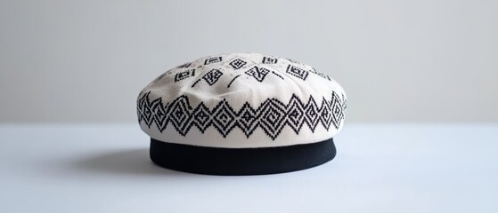 Traditional Handcrafted Hat with Elegant Black and White Embroidery, Ideal for Cultural Fashion and Unique Style, Perfect for Seasonal Wear and Accessories