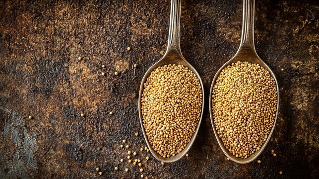 A couple of tablespoons of dark seeds on a dark surface. Food photography