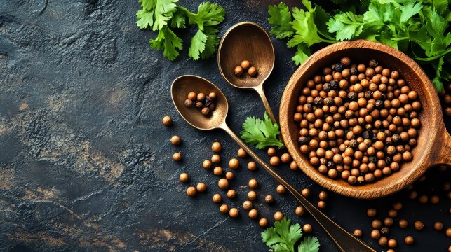 A pair of tablespoons of brown seeds placed on a dark backdrop. Food photography
