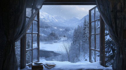 Fototapeta premium Snowy landscape through window scenery landscape interior inspiration backdrop wallpaper background
