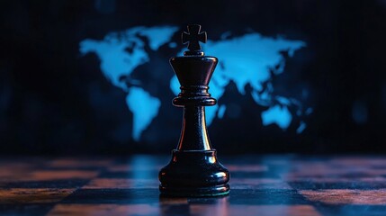 Black chess king piece on board, world map background. (1)