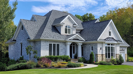 Obraz premium Beautiful house corner displays white vinyl rain gutters against a backdrop of green landscaping and a bright blue sky, showcasing a neat appearance