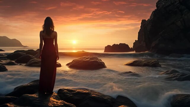 woman wearing red elegance dress standing at sunset beach shore  