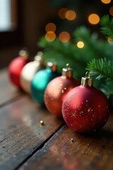 Fototapeta premium Sparkling ornaments in a row on a wooden table, decorations, festive, ornaments