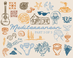 Beautiful hand drawn, whimsical style Mediterranean vector illustration Set
