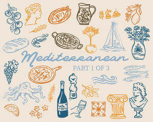 Beautiful hand drawn, whimsical style Mediterranean vector illustration Set
