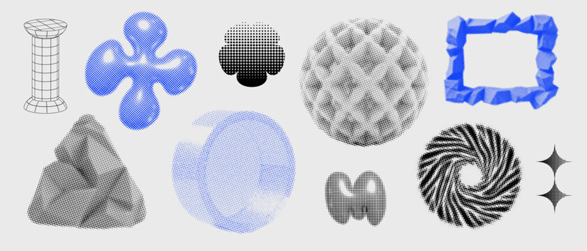 Geometry wireframe shapes and grids set. 3D abstract cyberpunk elements, frames in trendy psychedelic rave style. 00s Y2k retro futuristic aesthetic. Vector
