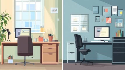 Two contemporary office workspaces in contrasted light and ambiance vector