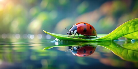 Obraz premium Ladybug sitting on a leaf floats on a serene water surface, its tiny body partially submerged as ripples disturb the glassy reflection , wildlife, insect