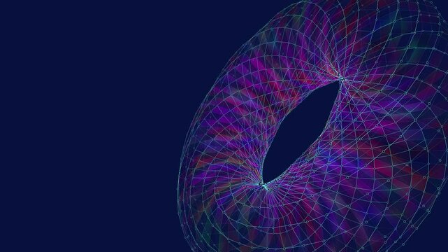 Abstract futuristic wireframe torus shape with grid on blue. Concept for technology and science.