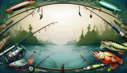 Obraz premium beautiful border frame colorful vintage fishing lures and rods background, graphic resource banner