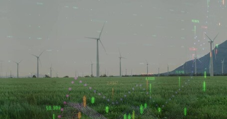 Wind turbines in field with financial data processing animation overlay - Powered by Adobe