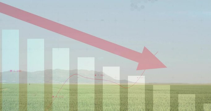Animation of red arrow on declining graph over green field and mountains