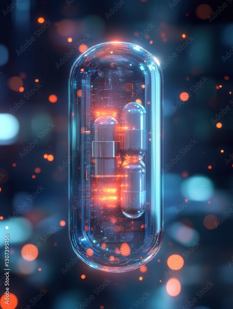 Aufkleber futuristic transparent pill bottle with glowing capsules showcases cyberpunk aesthetics and high tec