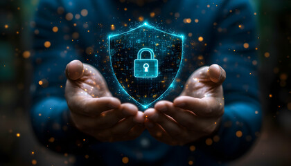 Person Gently Holding a Blue Digital Shield with a Lock