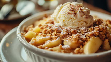  apple crumble dessert with creamy vanilla ice cream food warm oven sweet baked tasty brown