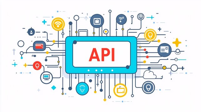 layout of API icons designed to showcase the integration of different services, with a white minimalist background. "API" creative, layout, API, icons, integration, services, white, minimalist, 