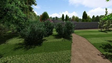 Fototapeta premium 3d image of the landscape design of the home territory. Landscaping of the territory. Computer visualization of composite landscaping and landscaping solutions.