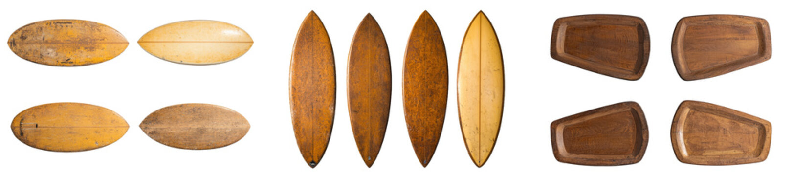 Vintage wooden fishboard surfboards are displayed on a white background with a clipping path in this image, which captures the essence of retro styles and nostalgia, and is well-suited for use in