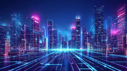 Futuristic Neon Cityscape with Digital Elements