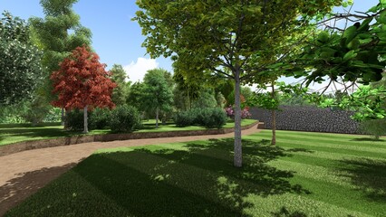 3d image of the landscape design of the home territory. Landscaping of the territory. Computer visualization of composite landscaping and landscaping solutions.