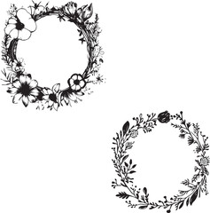 Two doodle flower circle frame black and white silhouette