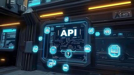 Obraz premium futuristic interface with glowing API icons floating in a virtual space, symbolizing innovation and technology. 