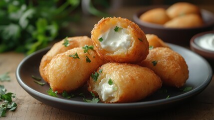 Crispy Fried Snack Balls with Creamy Filling on a Plate Surrounded by Fresh Green Herbs and a Side of Dipping Sauce in a Cozy Kitchen Setting