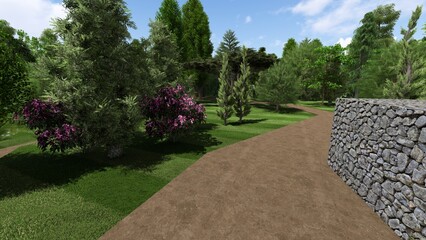 Fototapeta premium 3d image of the landscape design of the home territory. Landscaping of the territory. Computer visualization of composite landscaping and landscaping solutions.