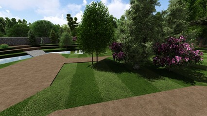 3d image of the landscape design of the home territory. Landscaping of the territory. Computer visualization of composite landscaping and landscaping solutions.