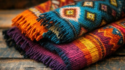 Close up of handmade peruvian alpaca wool scarf featuring colorful patterns for winter fashion and cultural appreciation