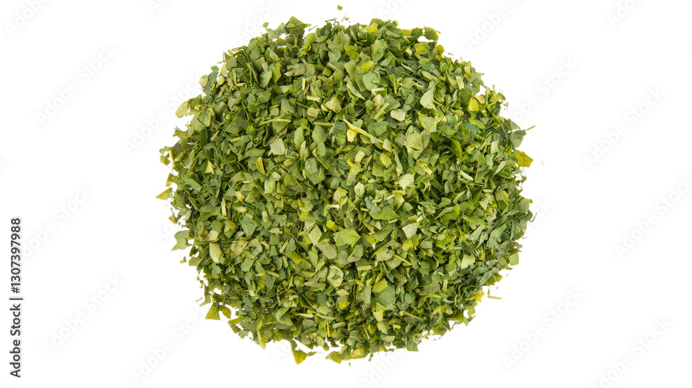 Poster a macro image captures the texture of a pile of dry, chopped green dill leaves isolated on a white b