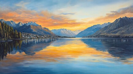 Fototapeta premium Serene lake sunrise reflecting mountains.