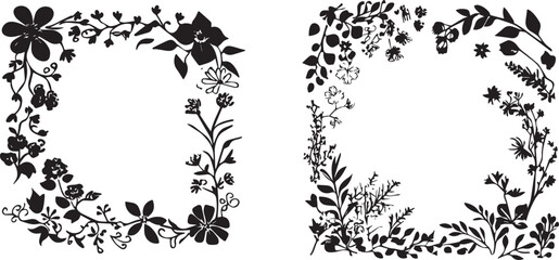 Cute doodle flower circle frame black and white silhouette