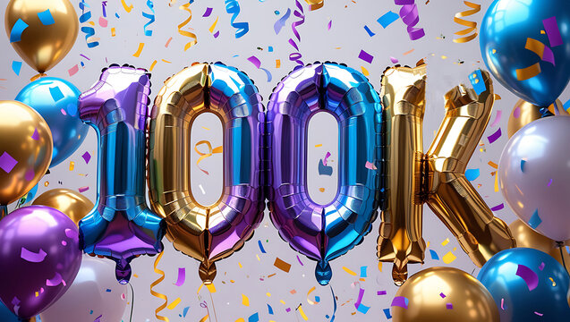Colorful  3D 100K foil balloons with  blue,golden ribbons, a milestone achievement for social media celebrations like reaching 100,000 followers. 