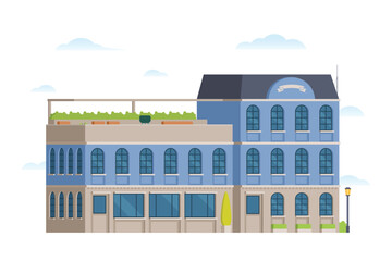 Urban Apartment or Tenement House &ndash; Vector Illustration in Flat Style. Industrial Era Architecture with Rooftop and Canopy.