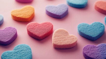 Obraz premium Close-up of multicolored felt hearts scattered on a pastel background, playful and inviting, artistic and cheerful