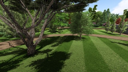 Obraz premium 3d image of the landscape design of the home territory. Landscaping of the territory. Computer visualization of composite landscaping and landscaping solutions.