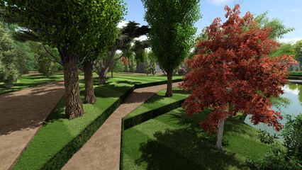 3d image of the landscape design of the home territory. Landscaping of the territory. Computer...